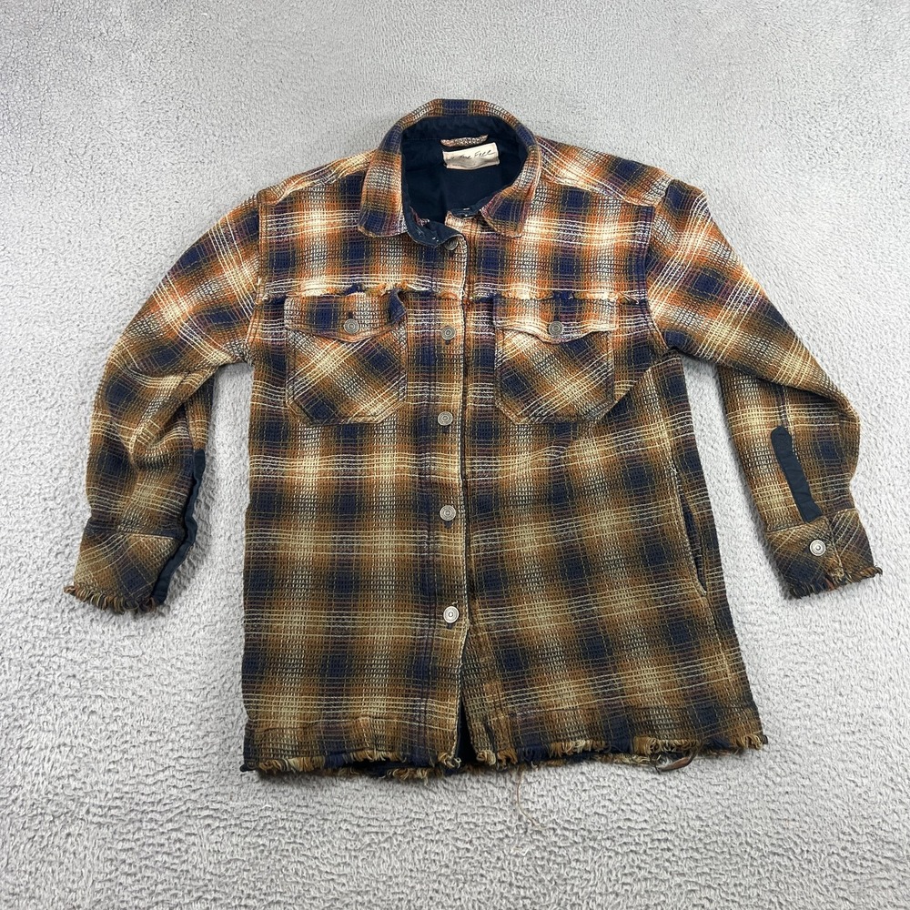 Free People We The Free Jacket Womens Small Blue Brown Plaid Shacket Distressed